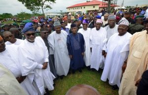 8th Day Fidau Of Aregbesola’s Mother: Osinbajo Leads Governors, Others To Ilesha Vice President Yemi Osinbajo (Middle); Governor State of Osun, Ogbeni Rauf Aregbesola (5th right); Lagos State, Mr. Akinwumi Ambode (left); Ondo State, Mr. Rotimi Akeredolu; Oyo State, Senator Abiola Ajimobi (2nd right); Ekiti State, Mr. Ayodele Fayose (right); Ogun State, Senator Ibikunle Amosu (5th left); Kano State, Alhaji Abdullahi Umar Ganduje (4th right) and Minister for Mines Mineral Development, Mr. Kayode Fayemi (3rd right), at Zenababs Hotel Resorts, Ijebu-Ijesa Road, Ilesha…