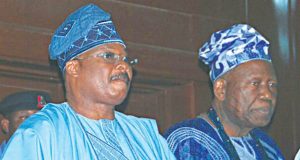 Despite ‘Cold War’, Ajimobi Sends Birthday Message To Olubadan As He Clocks 89 Governor Abiola Ajimobi of Oyo State, left, with the Olubadan of Ibadanland, Oba Saliu Adetunji...who 'whispers' first?