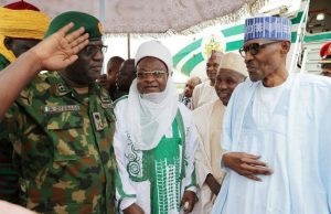 Photo: President Buhari In Katsina State Ahead Of Eid El Kabir President Buhari with Katsina State Governor Aminu Bello Masari, Emir of Katsina HRH Alhaji Abdulmumini Kabir Usman and GOC 1 Division Nigerian Army Major General Adeniyi Oyebade as he arrives Katsina State…