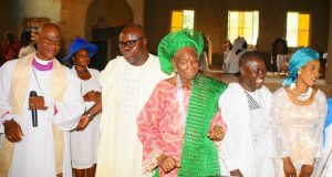 Photo: Osun Information Commissioner’s Mother Honoured By African Church Of All Saints From the left, Diocesan Bishop of the African Church of All Saints Parish, Ikirun, Rt. Rev. Raphael Taiwo Osoniga, Special Adviser to Osun Governor on Information and Strategy, Mr Semiu Okanlawon, Mother of Osun Commissioner for Information and Strategy/newly installed Iya Ijo of the African Church of All Saints Parish, Ikirun, Chief (Mrs) Eunice Emiola Baderinwa, her son, Hon. Lani Baderinwa and his wife…at the event…