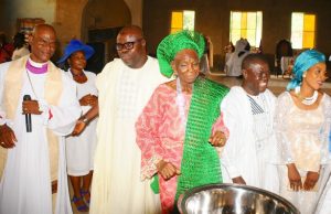 Photo: Osun Information Commissioner’s Mother Honoured By African Church Of All Saints From the left, Diocesan Bishop of the African Church of All Saints Parish, Ikirun, Rt. Rev. Raphael Taiwo Osoniga, Special Adviser to Osun Governor on Information and Strategy, Mr Semiu Okanlawon, Mother of Osun Commissioner for Information and Strategy/newly installed Iya Ijo of the African Church of All Saints Parish, Ikirun, Chief (Mrs) Eunice Emiola Baderinwa, her son, Hon. Lani Baderinwa and his wife…at the event…