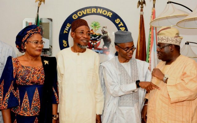 Governor state of Osun, Ogbeni Rauf Aregbesola (middle); Governor Kaduna State, Mallam Nasir El-rufai (2nd right); Deputy Governor State of osun, Mrs Titi Laoye-Tomori and another guest during the visit...in Osogbo on Monday 7-8-2017.
