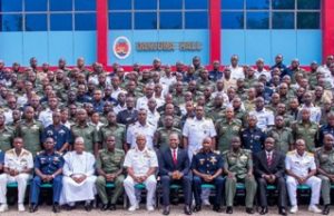 Leaders Tasked On Lasting Legacies For Coming Generation By Elumelu Chairman, Heirs Holdings and Guest Speaker, Mr. Tony Elumelu (middle); Commandant, Armed Forces Command and Staff College, Jaji, Air Vice Marshall Suleiman Abubakar Dambo ; and Deputy Commandant, Armed Forces Command and Staff College, Jaji, Rear Admiral Ifeola Mohammed ), flanked by the course participants of the Senior Course 40 of the Armed Forces Command and Staff College, during the Guest Lecture Series of the College where Elumelu delivered a paper titled “Leadership: Private Sector Perspective”, in Jaji, Kaduna