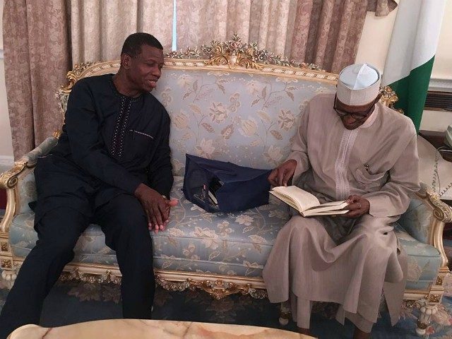 Pastor Enoch Adeboye, left, with President Muhammadu Buhari in London on Friday...
