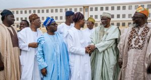 Mother’s Demise: Aregbesola Hosts Federal Government Delegation L-R: Presidential spokesman, Femi Adesina, Information Minister, Alhaji Lai Mohammed, Health Minister, Isaac Adewole, Osun Governor, Rauf Aregbesola, Education Minister, Adamu Adamu and Communication Minister, Adebayo Shittu...in Osogbo...