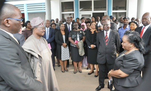 From the left: Attorney General and Commissioner for Justice, Mr Seun Abimbola, Oyo State Governor, Senator Abiola Ajimobi, Chief Judge of Oyo state, Justice Muntar Abimbola and others Judges during the visit..