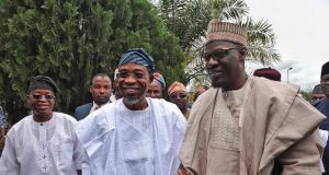 Mother’s Death: Aregbesola Thanks Nigerians For ‘Showing Love’ Governor of Osun, Ogbeni Rauf Aregbesola and his Kwara State counterpart, Abdul Fatai Ahmed and Chief of Staff to Osun governor, Alhaji Gboyega Oyetola (left), during Kwara Gvernor's condolence visit to Aregbesola on Friday…