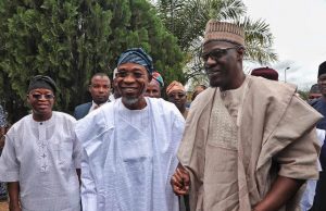 Mother’s Death: Aregbesola Thanks Nigerians For ‘Showing Love’ Governor of Osun, Ogbeni Rauf Aregbesola and his Kwara State counterpart, Abdul Fatai Ahmed and Chief of Staff to Osun governor, Alhaji Gboyega Oyetola (left), during Kwara Gvernor's condolence visit to Aregbesola on Friday…