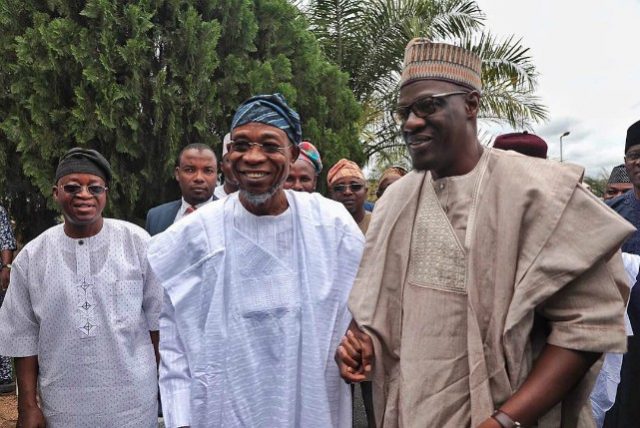 Governor of Osun, Ogbeni Rauf Aregbesola and his Kwara State counterpart, Abdul Fatai Ahmed and Chief of Staff to Osun governor, Alhaji Gboyega Oyetola (left), during Kwara Gvernor's condolence visit to Aregbesola on Friday…
