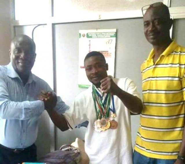 L-R: Acting General Manager Oyo State Sports Council, Adegboyega Makinde the Oyo State Kickboxing Coach, Gabriel Kolawole Kingsley and the Director Sports and Training, Mr. Popoola Babatunde
