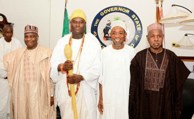 Governor State of Osun, Ogbeni Rauf Aregbesola (2nd right); the Ooni of Ile-Ife, Oba Adeyeye Ogunwusi (2nd left); Sokoto State Governor, Aminu Tambuwa (left) and Governor Bello Masari of Kastina State, during the visit to the Government House, Osogbo…