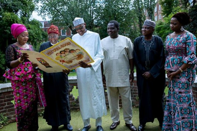 L-R: Lauretta Onochie,Lai Mohammed, President Muhammadu Buhari,Femi Adesina, Garba Shehu and Abike Dabiri-Erewa...during the visit...