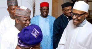 Ajimobi Joins Others To Celebrate Buhari’s Return ...President Muhammadu Buhari, welcoming Governor Abiola Ajimobi to his London medical vacation abode recently...