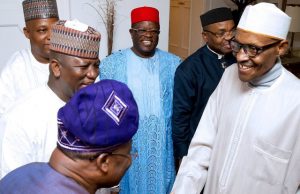 Ajimobi Joins Others To Celebrate Buhari’s Return ...President Muhammadu Buhari, welcoming Governor Abiola Ajimobi to his London medical vacation abode recently...