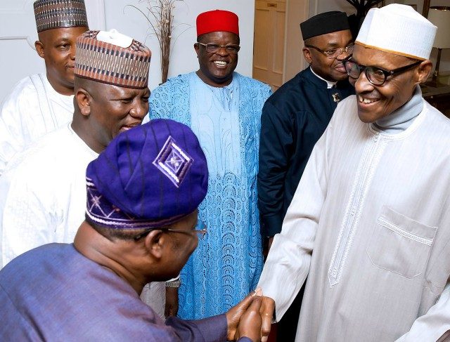 ...President Muhammadu Buhari, welcoming Governor Abiola Ajimobi to his London medical vacation abode recently...