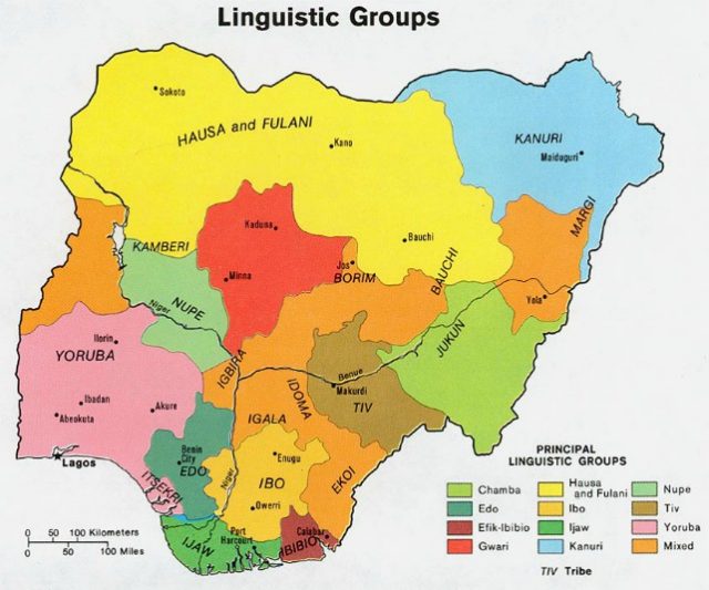 Nigerian map showing ethnic groupings