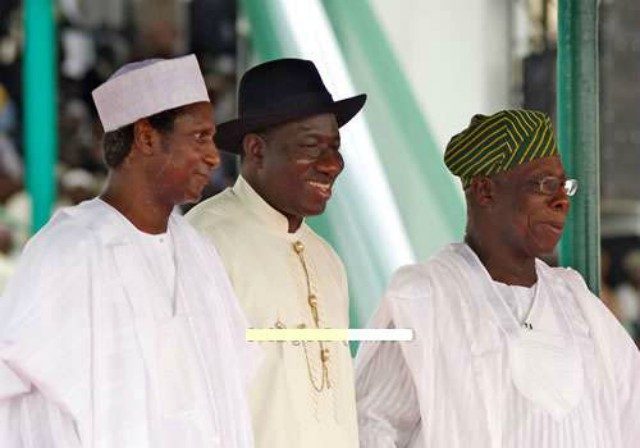 L-R: Late President Yar'adua, exPresident Goodluck Jonathan and Former President Olusegun Obasanjo...