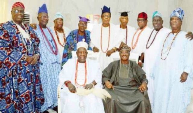 Seated: Governor Abiola Ajimobi, left, with the Olubadan, Oba Saliu Adetunji with the Olubadan-in-Council members...