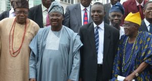 Reform: Olubadan Now To Be Supported By 32 Other ‘Obas’ L-R: Otun Olubadan of Ibadanland, High Chief Lekan Balogun; Oyo State Governor, Senator Abiola Ajimobi; Chairman, Judicial Commission of Inquiry for the review of Olubadan Chieftaincy Declaration, Justice Akintunde Boade (retd); and Balogun of Ibadanland, High Chief Owolabi Olakulehin, during the submission of the report of the Judicial Commission of Inquiry at the Governor's Office, Ibadan... on Friday…