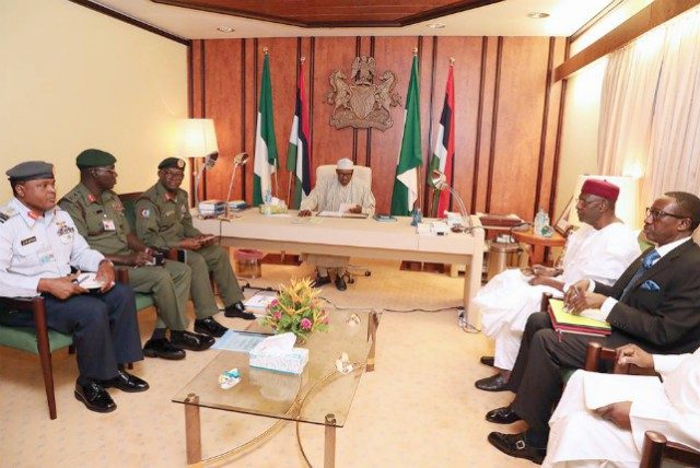 President Buhari with Chief of Defense Staff General Abayomi Gabriel Olonisakin, Chief of Army Staff Lt Gen. T.Y. Buratai, Chief of Air Staff Air Marshal Sadique Abubakar and others at the Security Meeting inside the State House in Abuja…