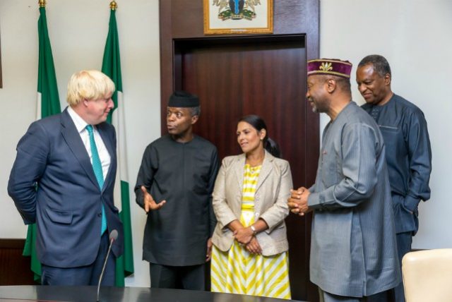 Vice President Yemi Osinbajo with UK Secretary of State for Foreign and Commonwealth Affairs, Rt. Hon. Boris Johnson; the Secretary of State for Internationals Development, RT. Hon. Priti Patel (L); flanked by Hon. Foreign Affairs, Geoffrey Onyeama and Minister of Budget, Udoma Udo Udoma during the visit…