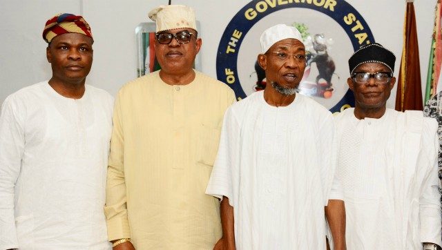 Osun’s Gov Rauf Aregbesola (2nd right), Minister for State, Niger Delta, Prof. Cladius Daramola (right), Lagos East Senatorial District, Senator Gbenga Asafa (2nd left), and Executive Director United Bank of African (UBA), Mr. Liadi Ayoku (left), during the Condolence visit on Sunday