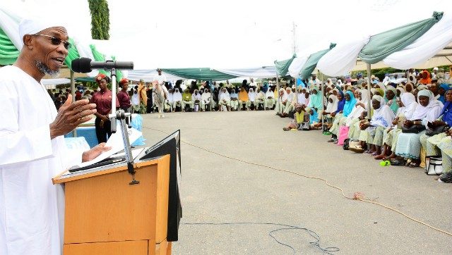 Governor of Osun, Ogbeni Rauf Aregbesola; giving a farewell speech at the ceremony