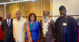 Ajimobi Tasks Africans In The Diaspora L-R: Jamaican Ace cricketer with many world records, Mr. Brian Lara, Former Head of Ecowas, Dr. Mohammed Ibn Chambas, Trinidad and Tobago Minister for Trade and Industry, Senator the Hon. Paula Gopee-Scoon, Chair, Emancipation Support Committee of Trinidad and Tobago, Baba Khafra Kambon and the Oyo State Commissioner for Information, Culture and Tourism, Mr. Toye Arulogun at the Emancipation Festival Forum on Africa and Its Diaspora which was held at Maraval, Trinidad & Tobago on Monday...