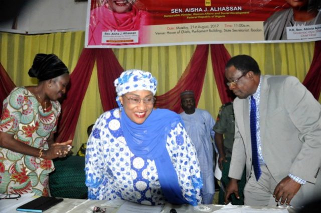From the left: Oyo state Commissioner for women affairs, Mrs Atinuke Osinkoya, Minister of Women affairs and Social development, Sen. Aisha Al Hassan and the Deputy Governor, Chief Alake Adeyemo during the programme…
