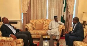 Dogara Gives Report On Buhari’s Health, Says ‘He Has Improved Tremendously’ L-R: Dr Bukola Saraki, President Muhammadu Buhari and Hon Yakubu Dogara...during the visit...