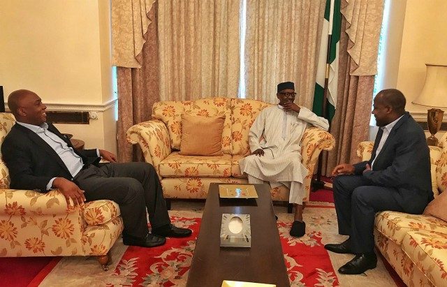 L-R: Dr Bukola Saraki, President Muhammadu Buhari and Hon Yakubu Dogara...during the visit...