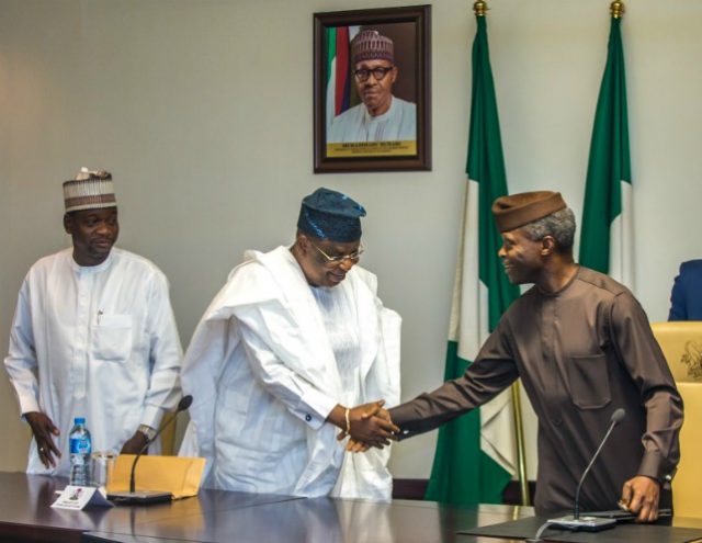 Acting President Yemi Osinbajo, SAN, with Otunba Henry Ajomale, Forum Chairman, during the meeting with APC Party Chairmen from 36 States and FCT