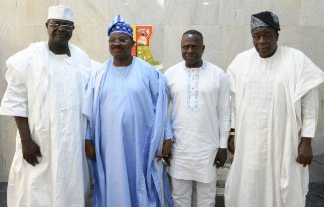 L-R: Oyo State Director, Department of State Services, Mr. Abdullahi Kure; State Governor, Senator Abiola Ajimobi; immediate past State Director, DSS, Mr. Andrew Yakubu; and State Deputy Governor, Chief Moses Adeyemo, shortly before the state security council meeting, at the Governor's Office, Ibadan... on Tuesday