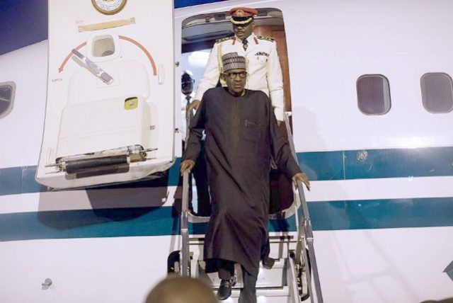 President Muhammadu Buhari steps out of the aircraft that brought him back to Nigeria...on Monday evening...
