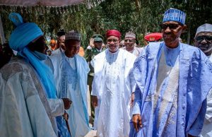 Photo: President Of Niger Republic Visits Buhari In Daura President Buhari with L-R: Emir of Daura H.R.H. Alhaji Umar Faruk Umar, Katsina State Governor Aminu Bello Masari and President of Niger H.E. Muhammadou Issoufou during a courtesy call to Daura…