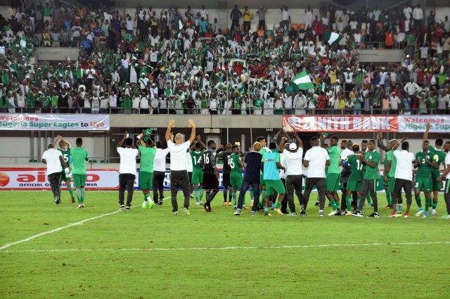 The Super Eagles celebrating victory over Cameroon...on Friday...