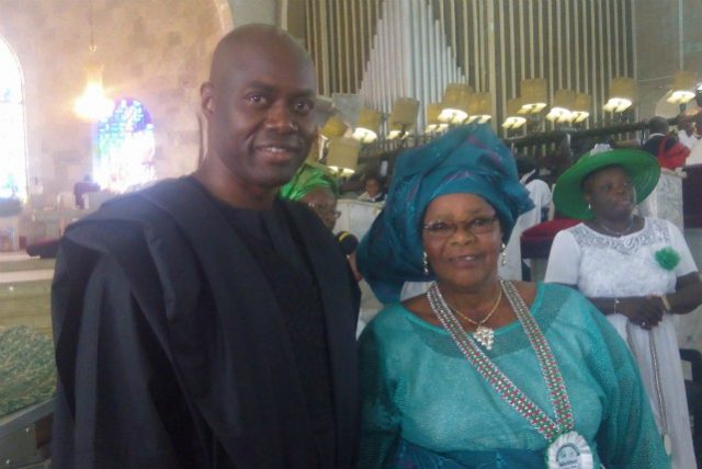 ...Engineer Seyi Makinde, with his ageless mother, Chief Mrs Abigail Makinde inside St Peter's Church, Aremo, Ibadan...