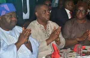 Presidential Declaration: Buruji Kashamu Attacks Fayose Again, Says ‘He’s Out To Destroy PDP’ L-R: Senator Iyiola Omisore, Femi Fani-Kayode and Governor Ayodele Fayose...on Thursday in Abuja during Ekiti Governor's Presidential Ambition declaration...