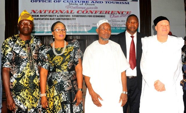 Governor State of Osun, Ogbeni Rauf Aregbesola (middle); Special Adviser to Governor on Culture and Tourism, Hon (Mrs) Taiwo Oluga (2nd left); Director planning and Consultancy services of National Institute for Hospitality and Tourism (NIHOTOUR), Alhaji Momoh Kabir (right), representing NIHOTOUR Director General; General Manager, Aenon Suites Osogbo, Mr Matthew Izuagie (2nd right) and Zonal Coordinator of NIHOTOUR, Dr. Tijani Nasiru, during the First 2017 National Conference of the National Institute for Hospitality and Tourism (NIHOTOUR) Osogbo Campus in Collaboration with office of Culture and Tourism State of Osun, at Center for Black Culture and International Understanding Osogbo…
