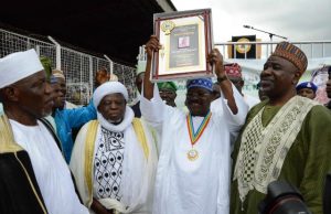 Good Governance: Ajimobi Honoured By Oyo Muslims L-R: Popular Islamic preacher, Sheikh Muideen Bello; Chief Imam of Ibadanland, Sheikh Abdul-Ganiyy Abubakar; Oyo State Governor, Senator Abiola Ajimobi; and Chairman, Muslim Community of the state, Alhaji Kunle Sanni, during the event…