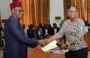Kwara State’s 20th Head Of Service Sworn In By Governor Ahmed ...the new Head of Service, Mrs Susan Modupe Oluwole, right, being congratulated by Governor Abdulfatah Ahmed...