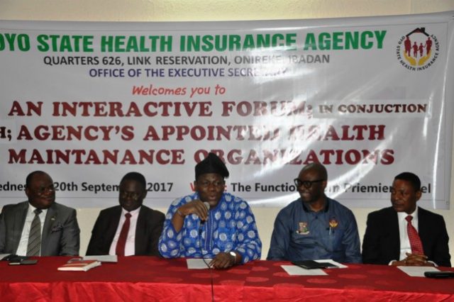 L-R: The Managing Director, Ultimate Health, Mr Lekan Ewenla, Permanent Secretary,Oyo State Ministry of Health, Dr Yemisi Iyiola, Commissioner for Health, Dr Azeez Adedutan, Acting Executive Secretary, Oyo State Health Insurance Agency, Dr Olusola Akande and Oyo State Health Consultant, Mr Austin Agbaje during the interaction…