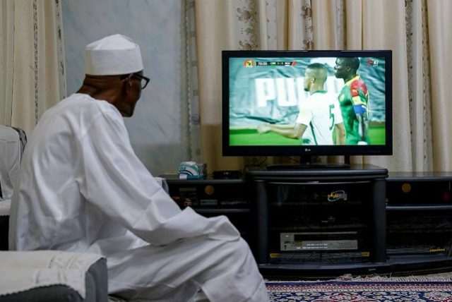President Muhammadu Buhari...watching the Nigeria versus Cameroon match live at his country home in Daura...
