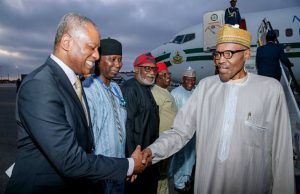 Photo: Check Out Buhari As He Arrives New York President Buhari with R-L: Zamfara State Governor and Chairman of Governor's Forum H.E. Abdulaziz Yari, Ebonyi State Governor H.E. David Umahi and Ondo State Governor Arakunrin Oluwarotimi Akeredolu…