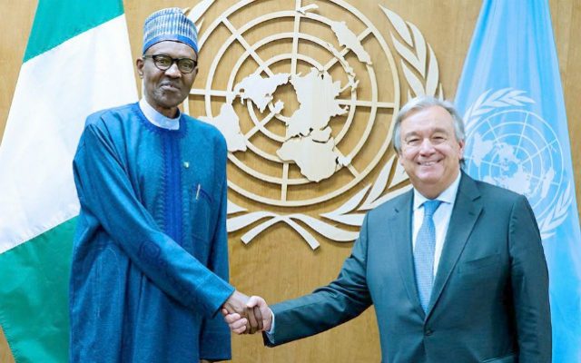 President Buhari, left, with the UN Secretary General, Mr Antonio Guterres…after the meeting…