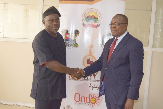 Ag. Director General, Development Agenda for Western Nigeria (DAWN) Commission, Mr Seye Oyeleye (left) and Director General, Southeast Governors' Forum, Prof. Simon Ortuanya at the Cocoa House, Ibadan headquarters of the DAWN Commission