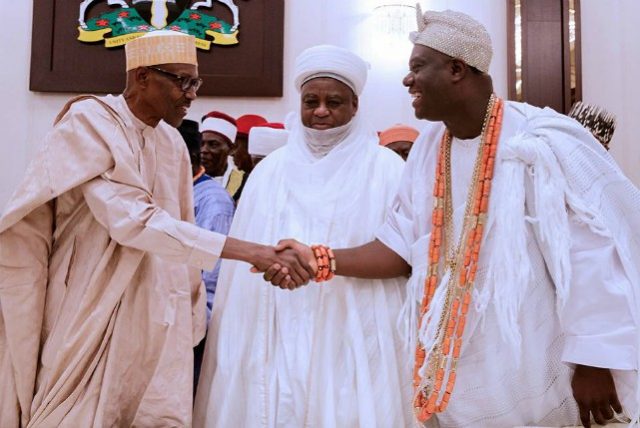 L-R: President Muhammadu Buhari, the Sultan of Sokoto H.R.H. Sa'ad Abubakar IV with the Ooni of Ife H.R.H. Oba Adeyeye Ogunwusi Ojaja II…after the meeting…