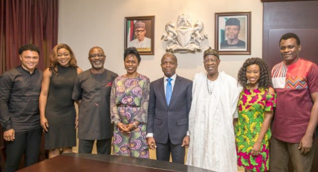 Vice President Yemi Osinbajo with Bolanle Austen-Peters, Producer & Director (immediate right); Bimbo Manuel, Actor (2nd right); with Hon. Min of Information, Alh. Lai Mohammmed (immediate left) and others during the visit…