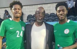 English FA Worries Over NFF Pinching Best Talent Ola Aina (right) with Chuba Akpom (left) and NFF president Amaju Pinnick at Eagles training in London