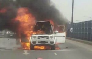 Controversy Over Lagos Accident: Fayose Denies Being Inside Affected G-Class Benz ...the Benz...on fire...after Governor Ayodele Fayose's lucky escape...
